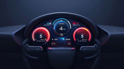 Car interface with navigation panel in three projections in the style  Smart car control settings with electronic digital navigation panel