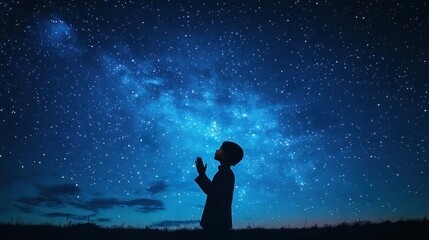 Fototapeta premium Silhouette of a Muslim boy in traditional clothing, praying under a starry night sky His hands are raised towards the stars, symbolizing a connection with the divine The dark, expansive sky provides