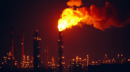 Obraz premium Flames Erupting from Industrial Complex at Night