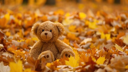 A brown teddy bear sitting in yellow leaves which has taken during autumn