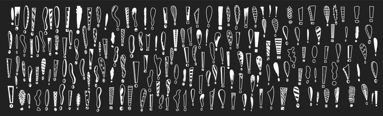Exclamation marks doodles white line vector icons bundle in negative space. Attention attraction hand drawn illustration set black and white