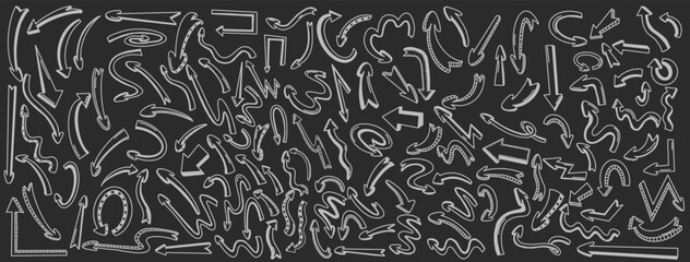 Doodle-style arrow icons with 3d white line effect. Vector icons featuring sketchy designs portraying depth perception set in black and white illustration