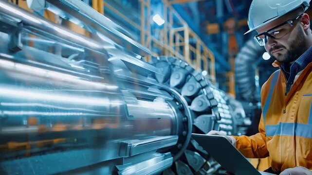 an engineer carrying a laptop A programmable logic controller is in charge of a large, fully automatic machine.