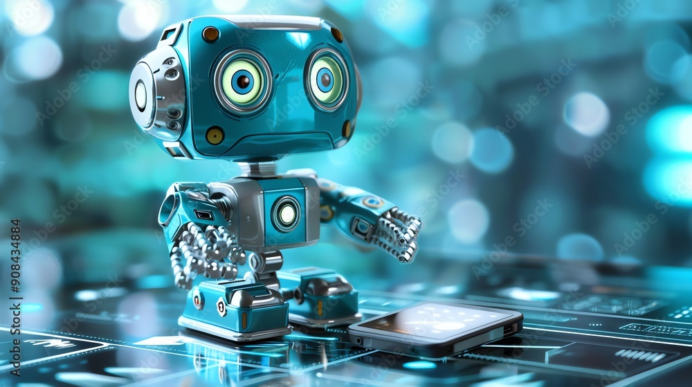 Poster a blue robot with large eyes is sitting on a table with a digital screen and a tablet.
