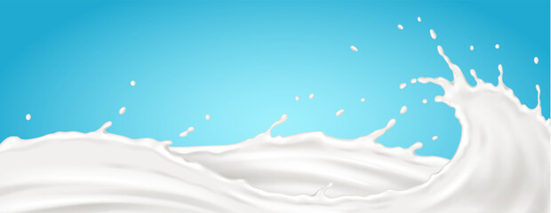 Splashing milk wave with small drops realistic vector illustration. Healthy dairy product liquid texture 3d object on blue background