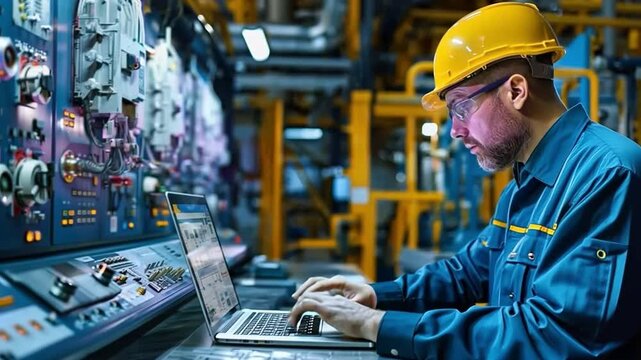 an engineer carrying a laptop A programmable logic controller is in charge of a large, fully automatic machine.