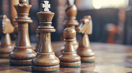 Fototapeta premium A close up of a set of wooden chess pieces carefully arranged on a table