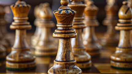 Fototapeta premium A close up of a set of wooden chess pieces carefully arranged on a table