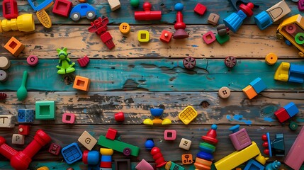 A close up shot of toys scattered over a wooden floor isolated on colorful background