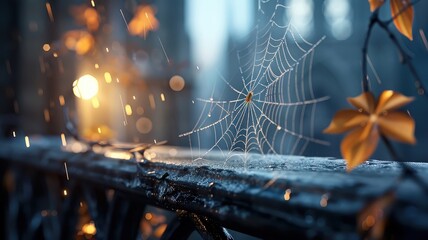 Dramatic spider spinning web on gothic cathedral.