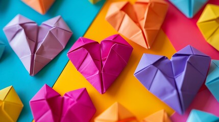Obraz premium A closeup shot of colorful heart shaped origamis isolated on colorful background
