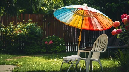A colored parasol and a white plastic chair in the backyard of a private house