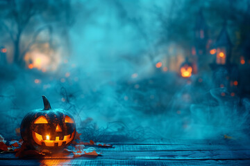 Glowing Jack-o-Lantern on Wooden Surface Teal Background