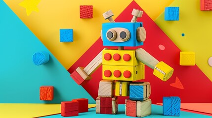 A colorful wooden building kit a robot for children isolated on colorful background