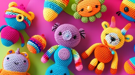 A crochet Amigurumi toys of a of cute stuffed characters isolated on colorful background