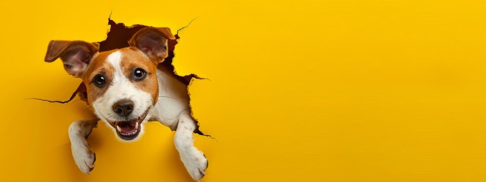 Dynamic Image of a Rusell Terrier Dog Bursting or Breaking Through a Yellow Wall. Creative Design Banner with Blank Copyspace for Custom Advertising and Messaging