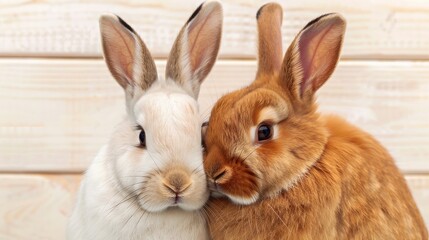 Obraz premium Two cute rabbits, one white and one brown, cuddling and leaning against each other in front of a wooden background.