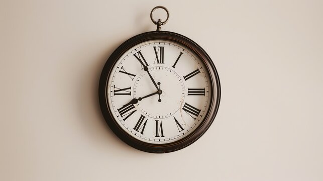 A vintage clock with roman numerals hanging on a light-colored wall.
