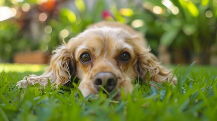 A cute cocker spaniel in the back yard he is looking at the camera