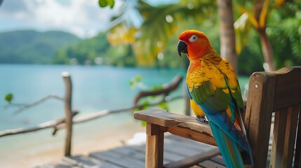 a cute parrot sit on wooden chair with sea view love and relationship concept - Powered by Adobe