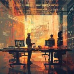 Silhouetted professionals discussing ideas in a modern, futuristic office setting with technology and innovation.