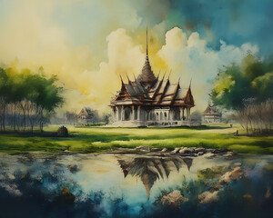 Obraz premium Ancient Bangkok: AI-Generated Watercolor Painting