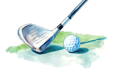A detailed watercolor illustration of a golf club and ball on grass, capturing the essence of the golfing sport.