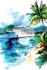 A vibrant watercolor illustration of a cruise ship sailing near a tropical shore, surrounded by palm trees and serene waters.