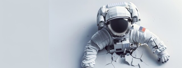 An Astronaut Breaking Through a white Background. Creative Banner Design with Blank Copyspace for Custom Advertising and Messaging