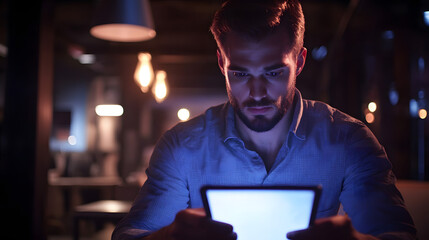 Male Tester Intently Focused on Tablet During Beta Testing
