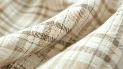 Close-up of a soft, woven, beige and white fabric with a checkered pattern.