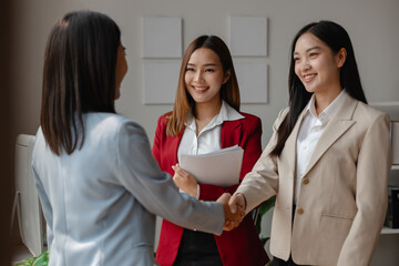 two big companies handshake because they agree on a business deal, businesspeople just signed...