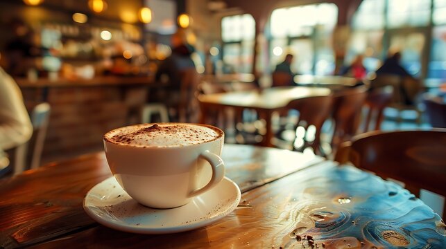 A lovely cup of coffee in a cafe at the breakfast time selective focus in the center of the cup