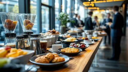 Business Buffet Table with Coffee, Pastry, and Fruit.