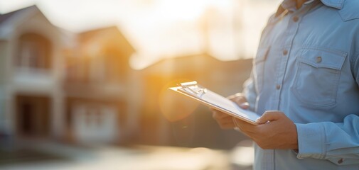 Person holding clipboard in front of house during sunset, representing home inspection, real estate, or property evaluation.