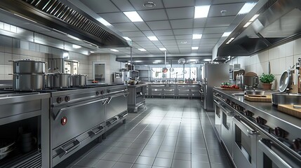 Modern Commercial Kitchen Interior Design, Stainless Steel Appliances, Tile Flooring, and Lighting - 3D Illustration