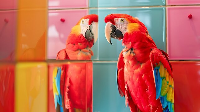a parrot looking at myself in the mirror on tiled color background
