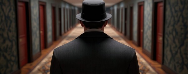 A detective exploring hidden passageways in an old mansion, architectural investigation, secretive exploration, mysterious setting