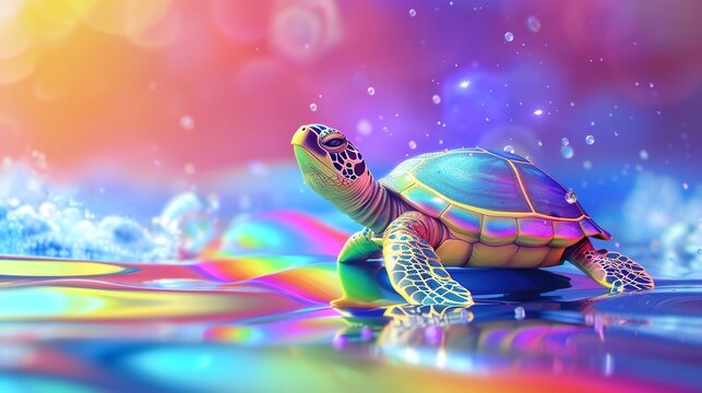 A cartoon sea turtle with a iridescent shell swims in a rainbow-colored ocean.