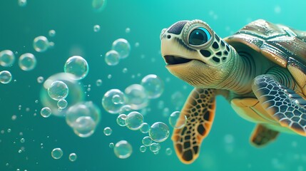 A cute cartoon sea turtle swims in blue water.