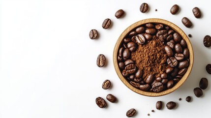 Top view of a wooden bowl containing roasted coffee beans and ground coffee powder. White background with copy space.