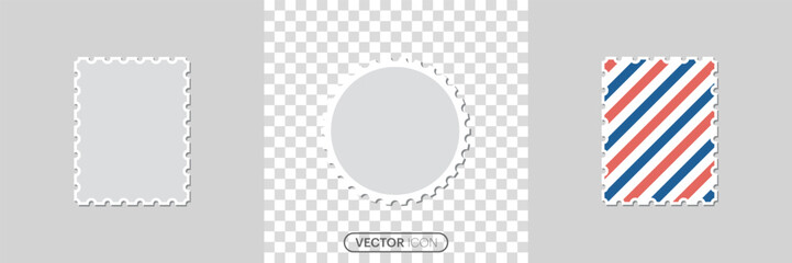 Postage Empty stamps template icon set. Postal shapes border. Airmail border with red and blue stripes. Blank Postage Stamps on gray background. Vector illustration.