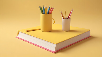 Fototapeta premium A 3D Adorable Pencil and a 3D Notebook Model on a Yellow Background with Copy Space, Clay Style 3D Illustration Model Style