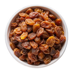 Obraz premium Raisins on white bowl top view isolated on transparent background