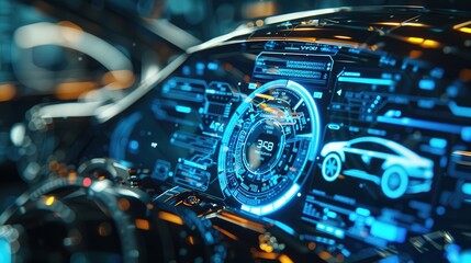 Creative electronic car dashboard interface hologram on blurry blue backdrop. Automobile, charging and futuristic technology concept. 3D Rendering