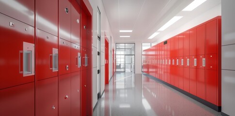 3D rendering of an American football locker room with red lockers and a helmet inside one door