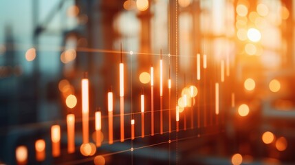 Fototapeta premium Economic growth concept with glowing financial data chart. Modern stock market analysis and investment trends at sunset.