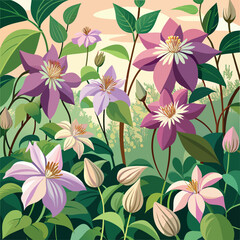 Field of clematis flowers, light purple, dark purple, medium purple, bright green leaves, bright cream sky.vector, illustrator