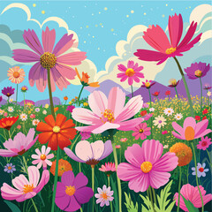 Field of colorful cosmos flowers of all colors, blue sky, beautiful curved clouds, stars. vector illustrator. Generative AI