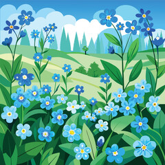 field of blue forget me not , green grass blue sky tree background, vector, Generative AI.